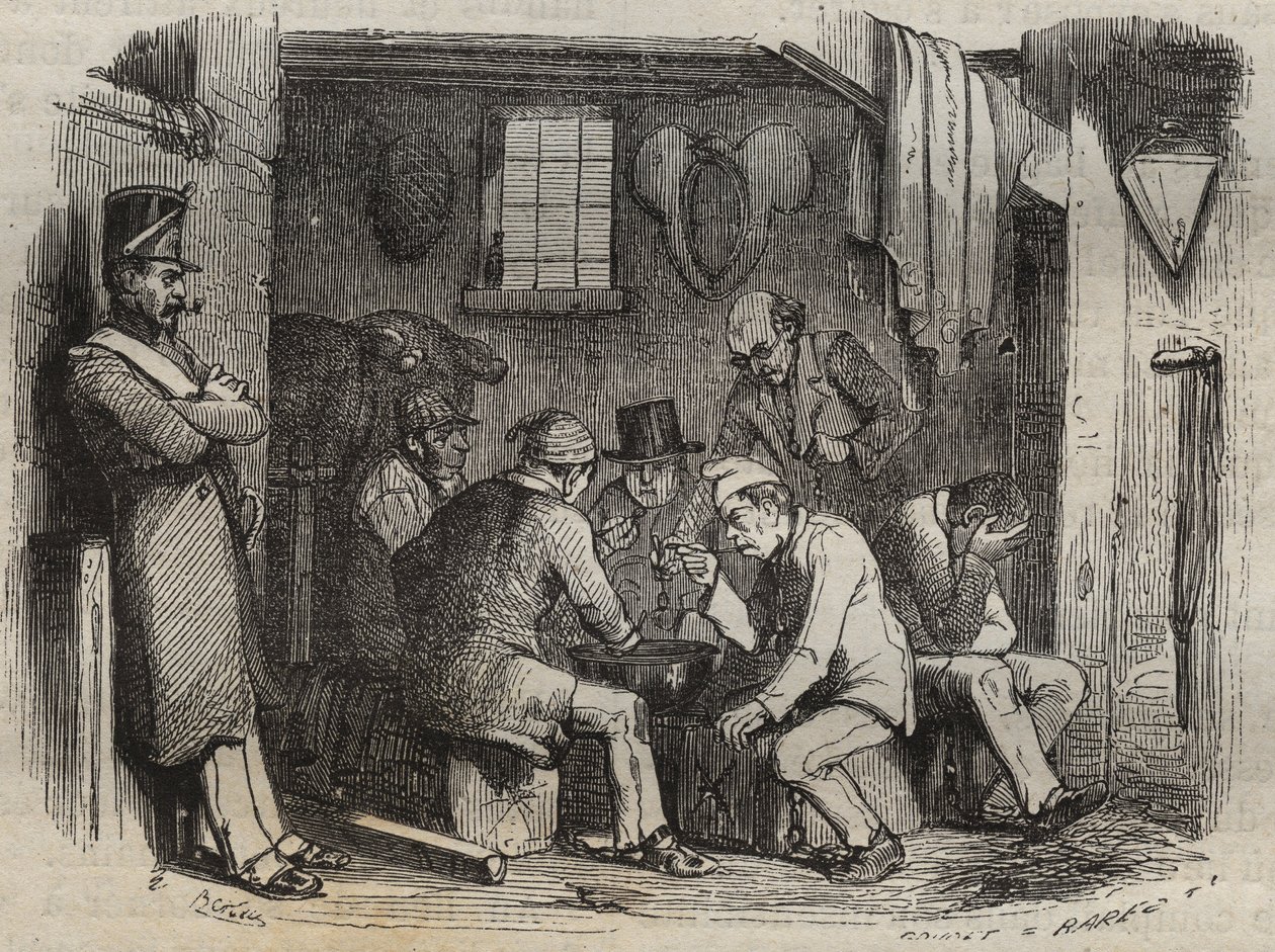 Meal of the convicts at the Rochefort bagne in the 19th century. Engraving in 