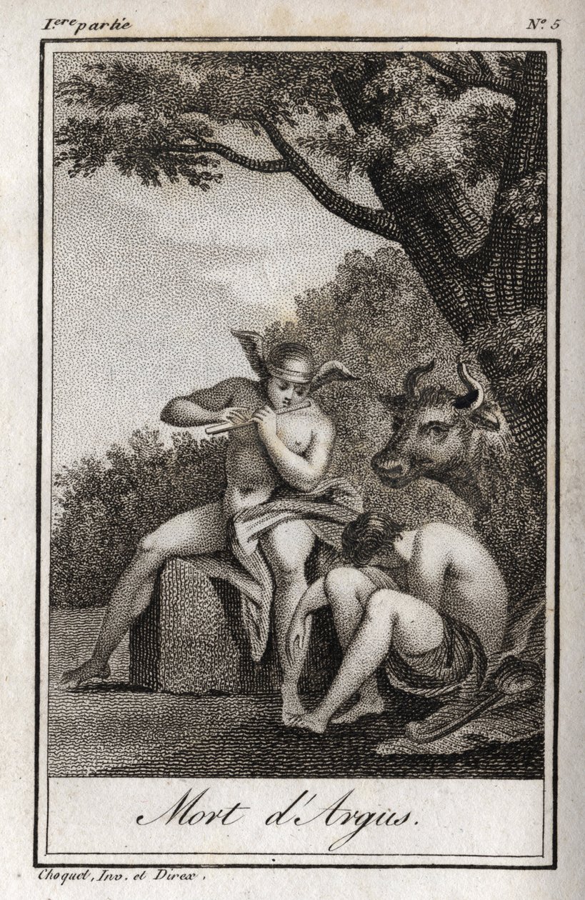 Mercury and Argus. Death of Argus: Mercury played the flute to fall asleep Argus and deliver the nymph Io, transformed into a cow. Engraving from 1819 in Lettres a Emilie sur la mythologie by Charles Albert Demoustier (1760-1801). by Anonymous Anonymous