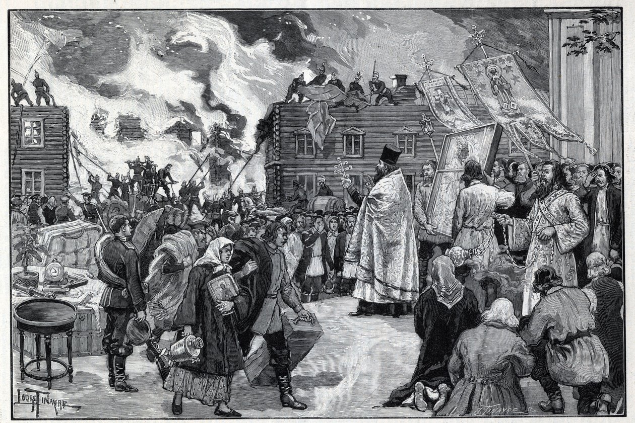 Moscow, fire in the suburb of Kaluga: the Orthodox clergy presenting the Holy Images to protect the city and firefighters fighting the fire. Engraving in 