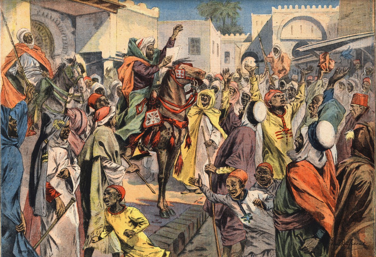 Mouley Hafid (Moulay-Hafid) proclaims Sultan to Fez: the public criers announce the proclamation to the crowd. Engraving from the newspaper 