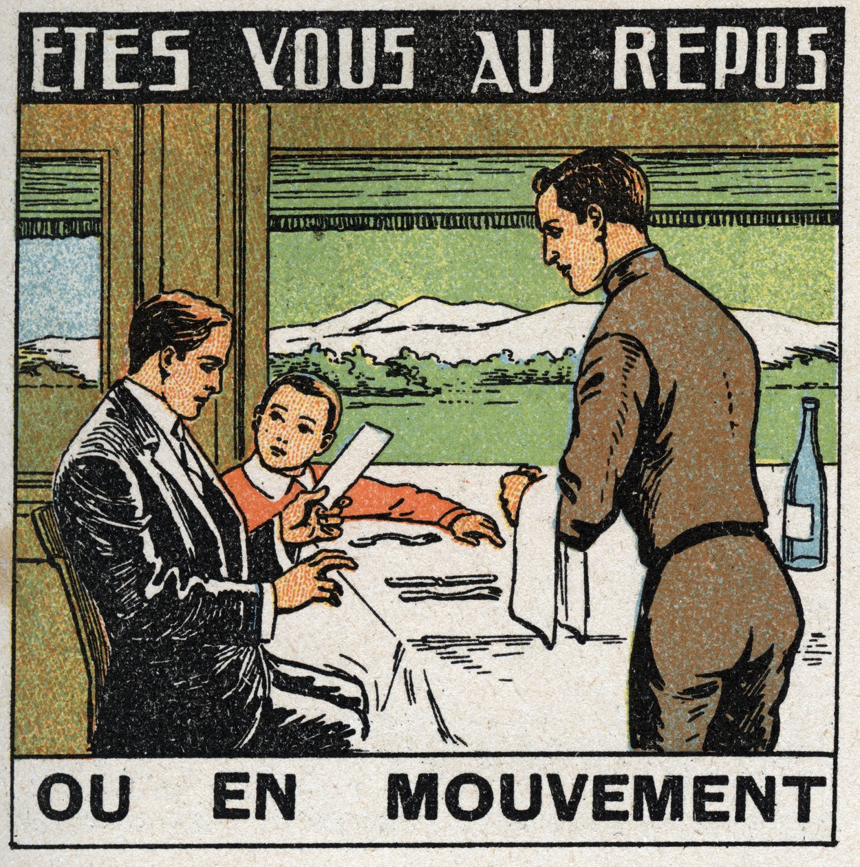 Movements: scene in the restaurant of a train where passengers do not move as the train moves forward. Anonymous illustration from 1925. Private collection. by Anonymous Anonymous