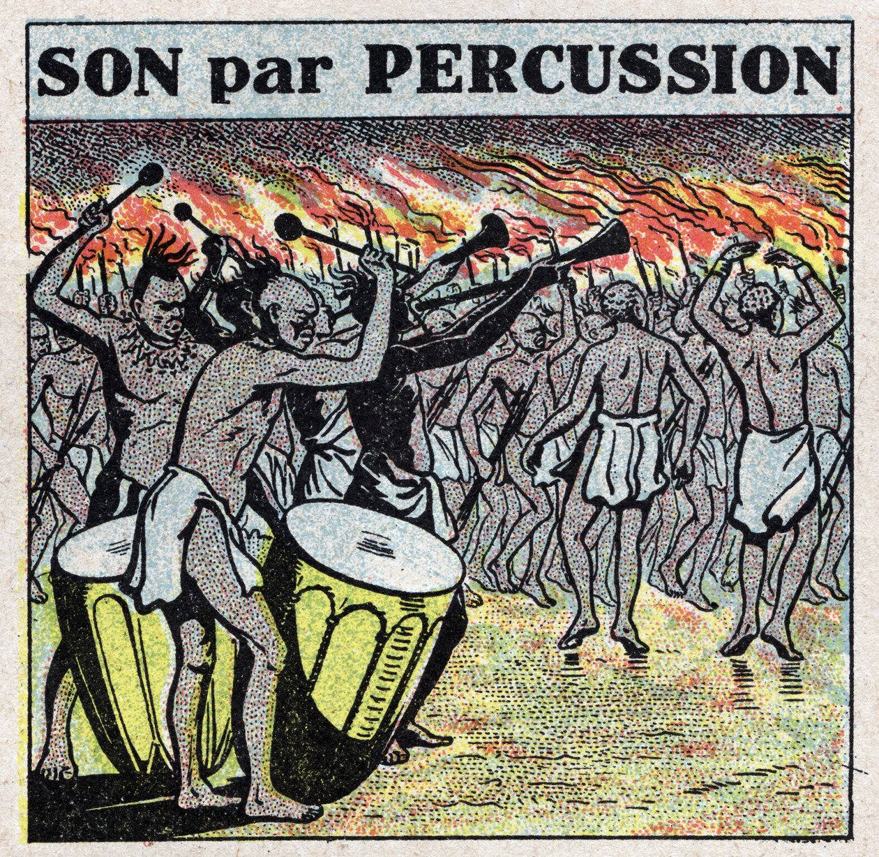 Musical instruments: percussion players in an African village. Anonymous illustration from 1925. Private collection. by Anonymous Anonymous