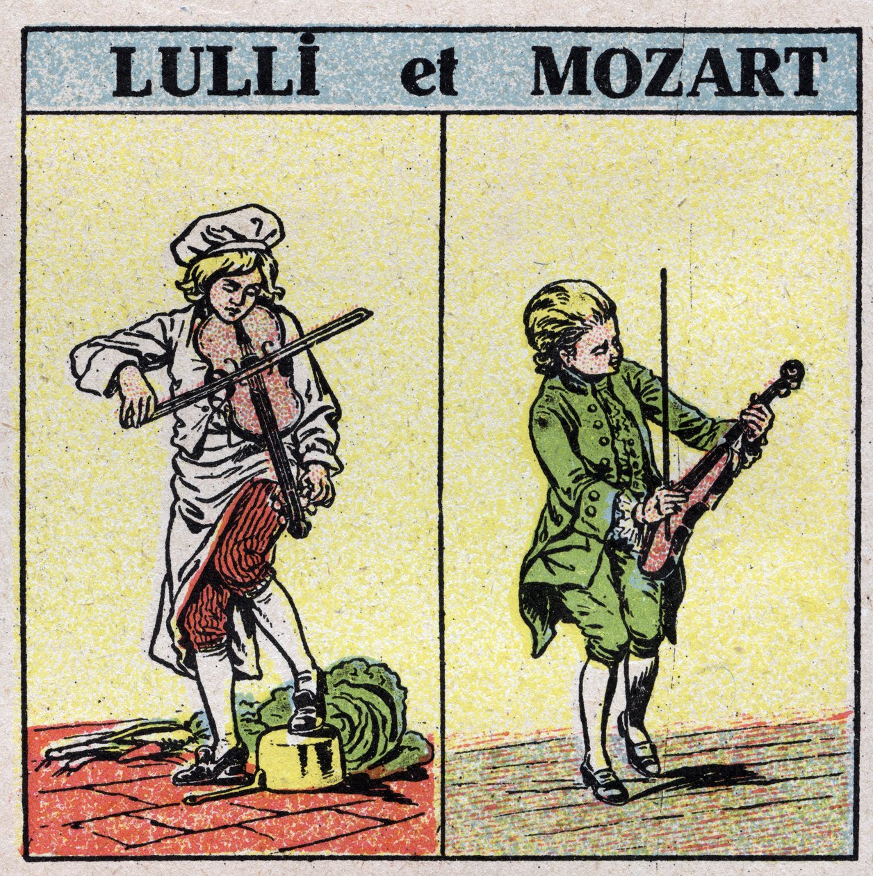 Musical instruments: rubbed string instruments. Jean Baptiste Lully (1632-1687) and Wolfgang Amadeus Mozart (1756-1791) playing the violin. Anonymous illustration from 1925. Private collection. by Anonymous Anonymous