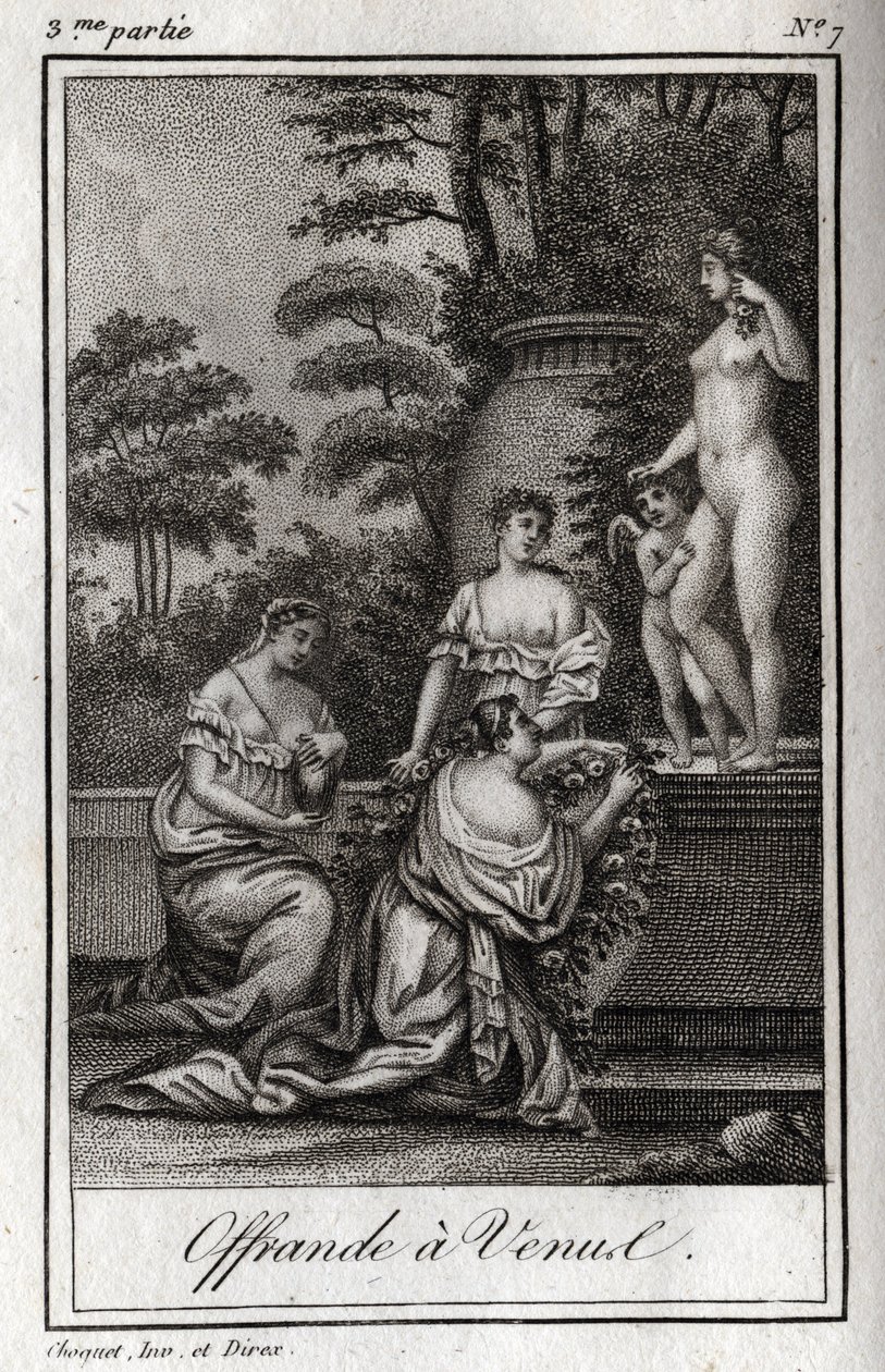 Offer to Venus. Little loves (cherubs) gather to pay tribute to the goddess Aphrodite. Engraving from 1819 in 
