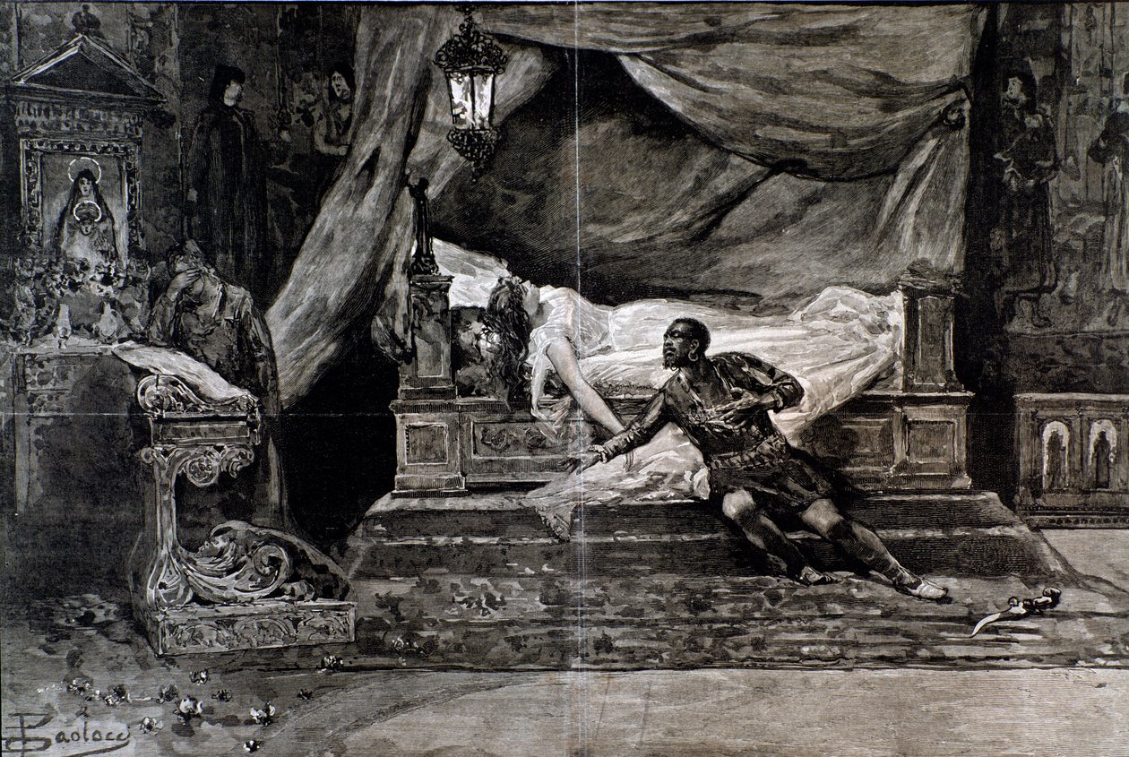 Otello kills himself near the body of Desdemona. Illustration of the last scene of Otello, opera by Giuseppe Verdi by Anonymous Anonymous