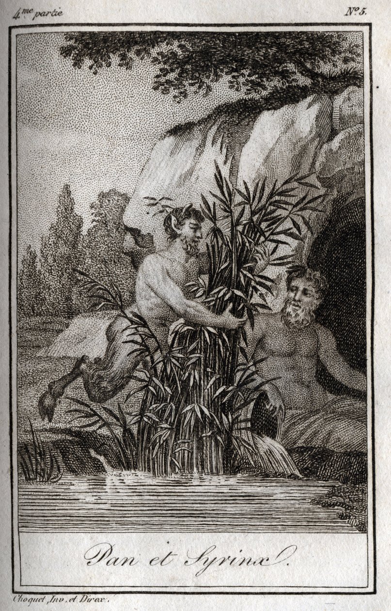 Pan and the nymph Syrinx transformed into reeds. Engraving from 1819 in 