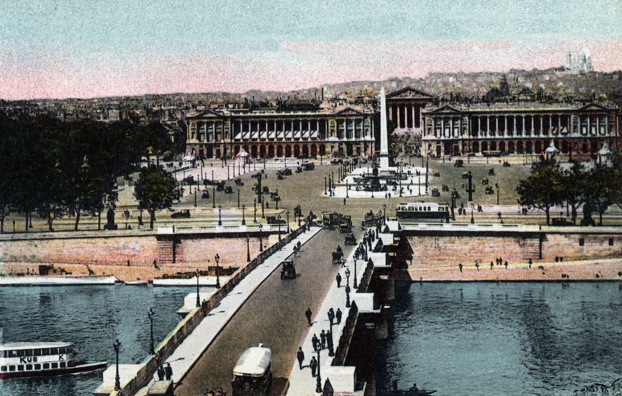 Paris: panorama of the bridge and Place de la Concorde with the obelisk and the church of the Madeleine taken to the Basilica of the Sacre Coeur in Montmartre. On the left, the current Hotel Crillon and on the right, the Hotel de la Marine. by Anonymous Anonymous