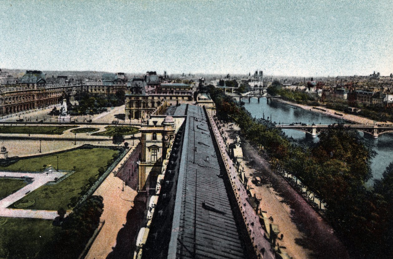Paris: panorama towards the Louvre. La Seine and Cathedrale Notre Dame, on the right. Photograph of 1920 in Artistic Album of the city of Paris. Private collection. by Anonymous Anonymous