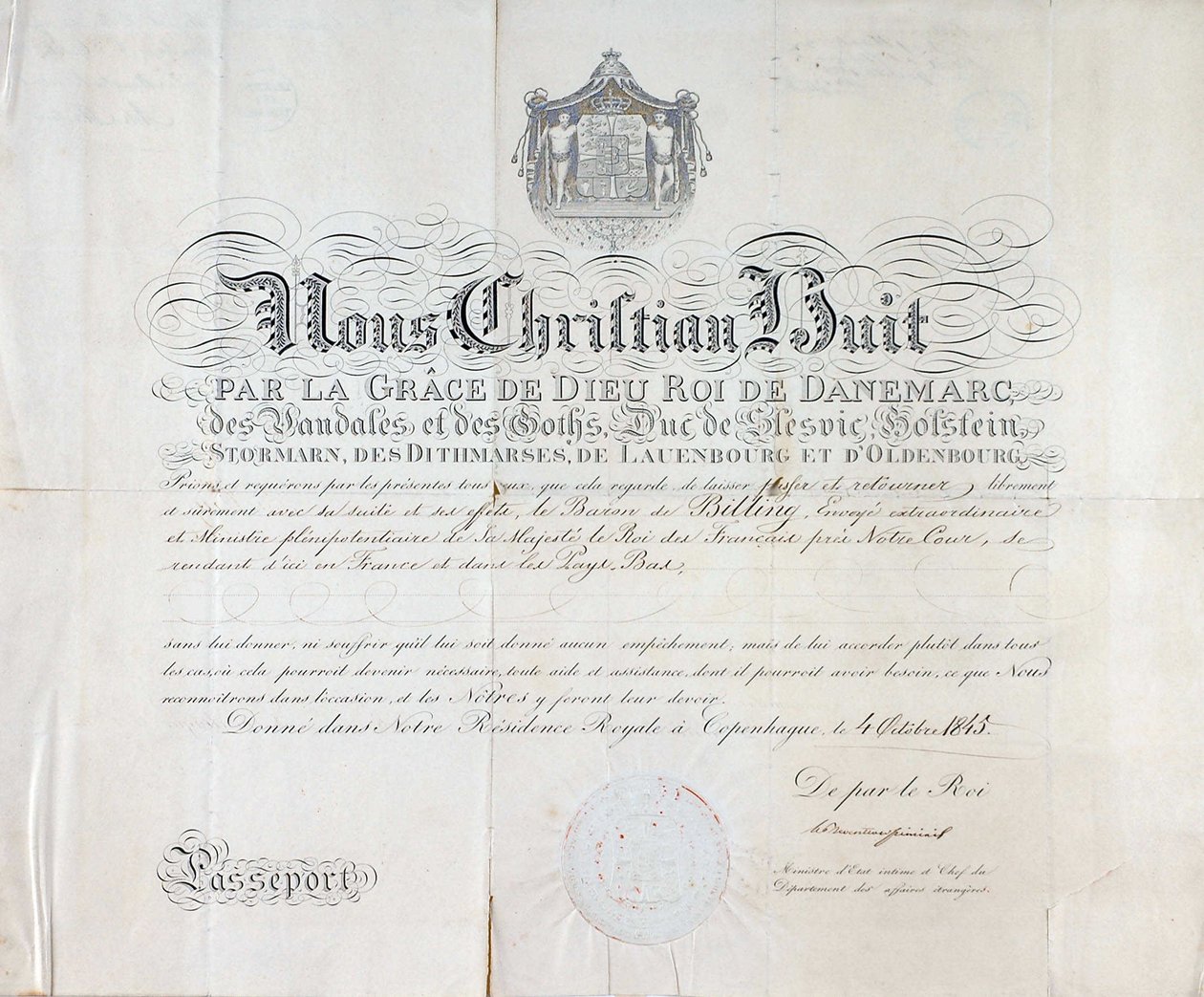 Passport by King of Denmark Christian VIII dates from 1845 by Anonymous Anonymous