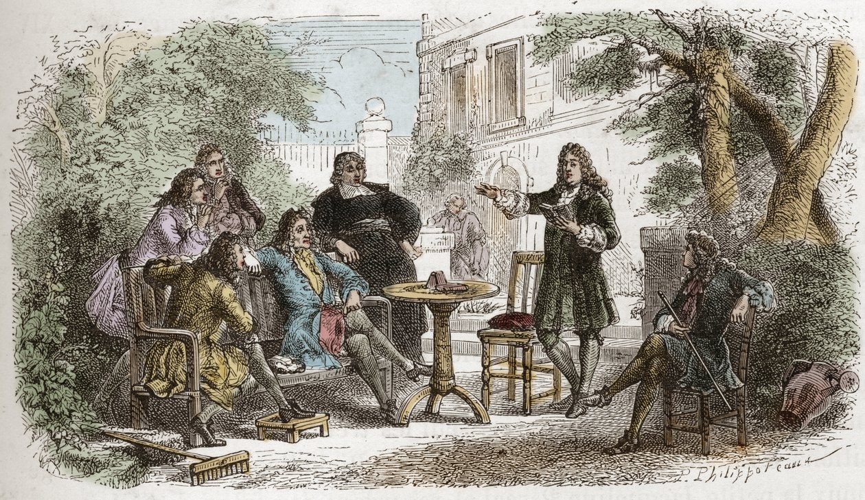 Pierre Corneille (1606-1684) - Corneille reading to Louis XIV - engraving from L