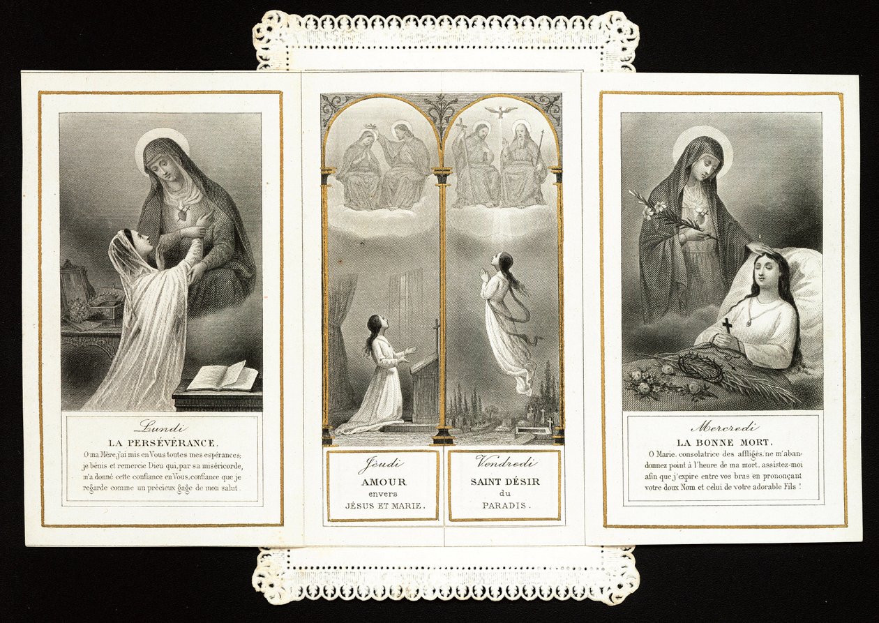 Pious image: Perseverance, Love towards Jesus and Mary, the Holy Desire of Paradise, the Good Death - 19th century dentelee card in triptych - Private collection by Anonymous Anonymous