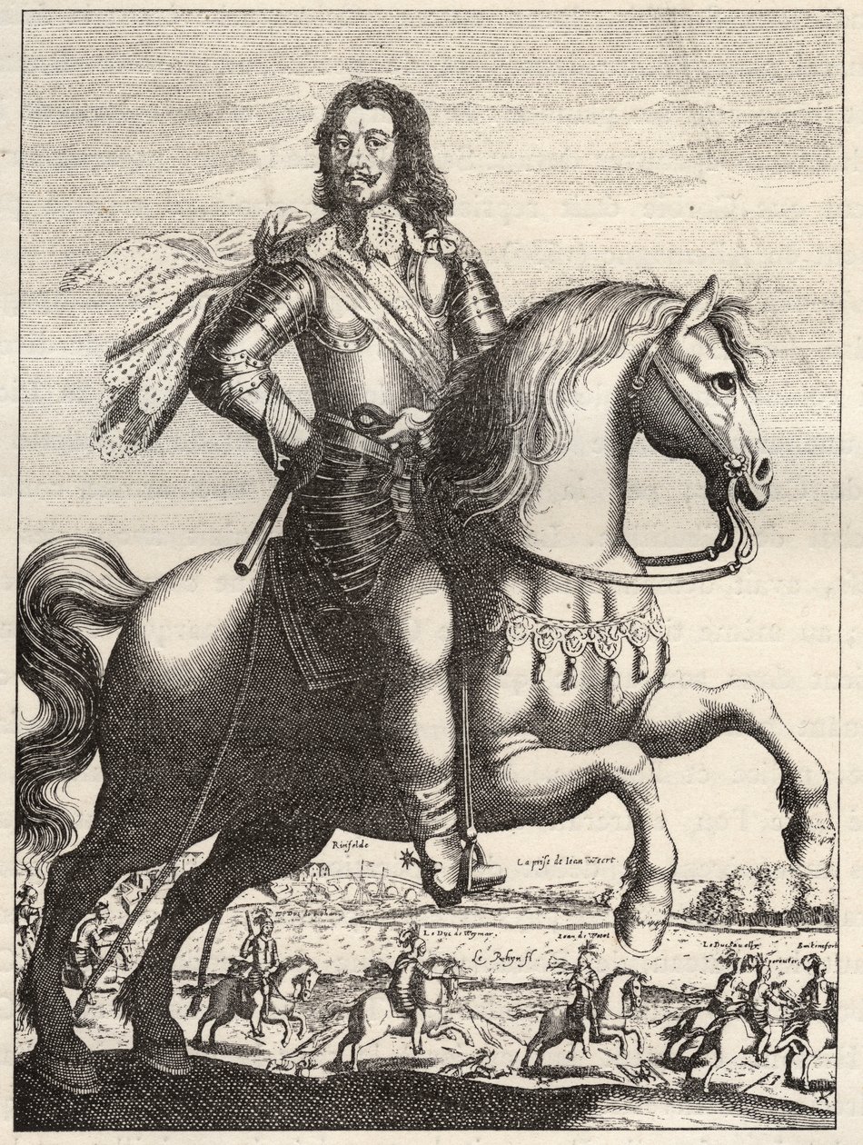 Portrait of Bernard of Saxony Weimar (1604-1639) with the capture of John of Werth by Duke Bernard and Duke of Rohan. Engraving of the 17th century. Private collection. by Anonymous Anonymous