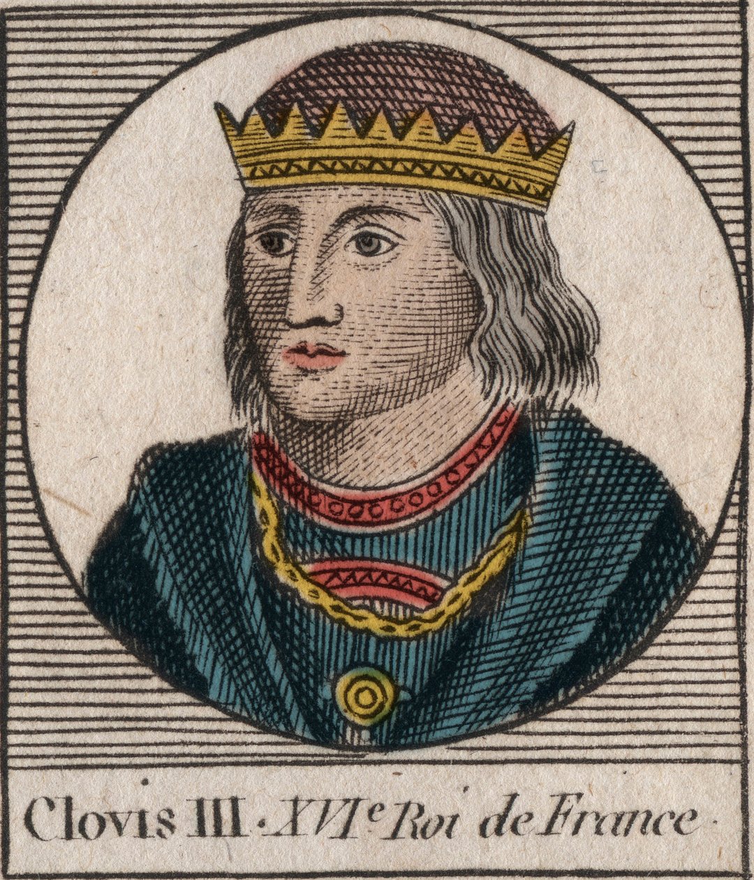 Portrait of Clovis III, King of the Franks from 691 to 695 - CLOVIS III Merovingian king of Neustria and Austrasia - engraving from 