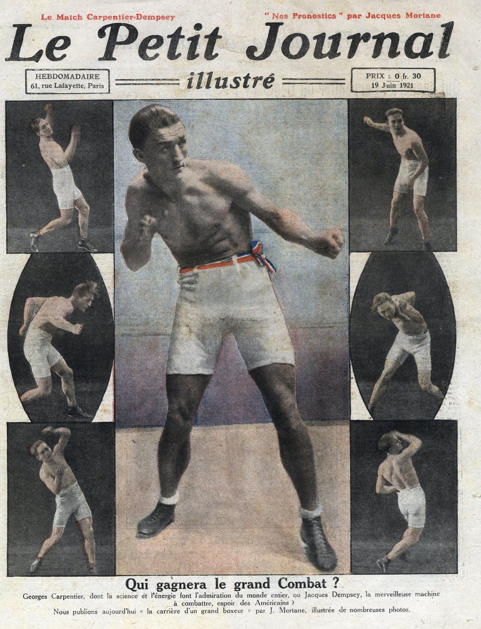 Portrait of French boxer Georges Carpentier who will fight American boxer Jack Dempsey for the title of World Champion. Illustration taken from 