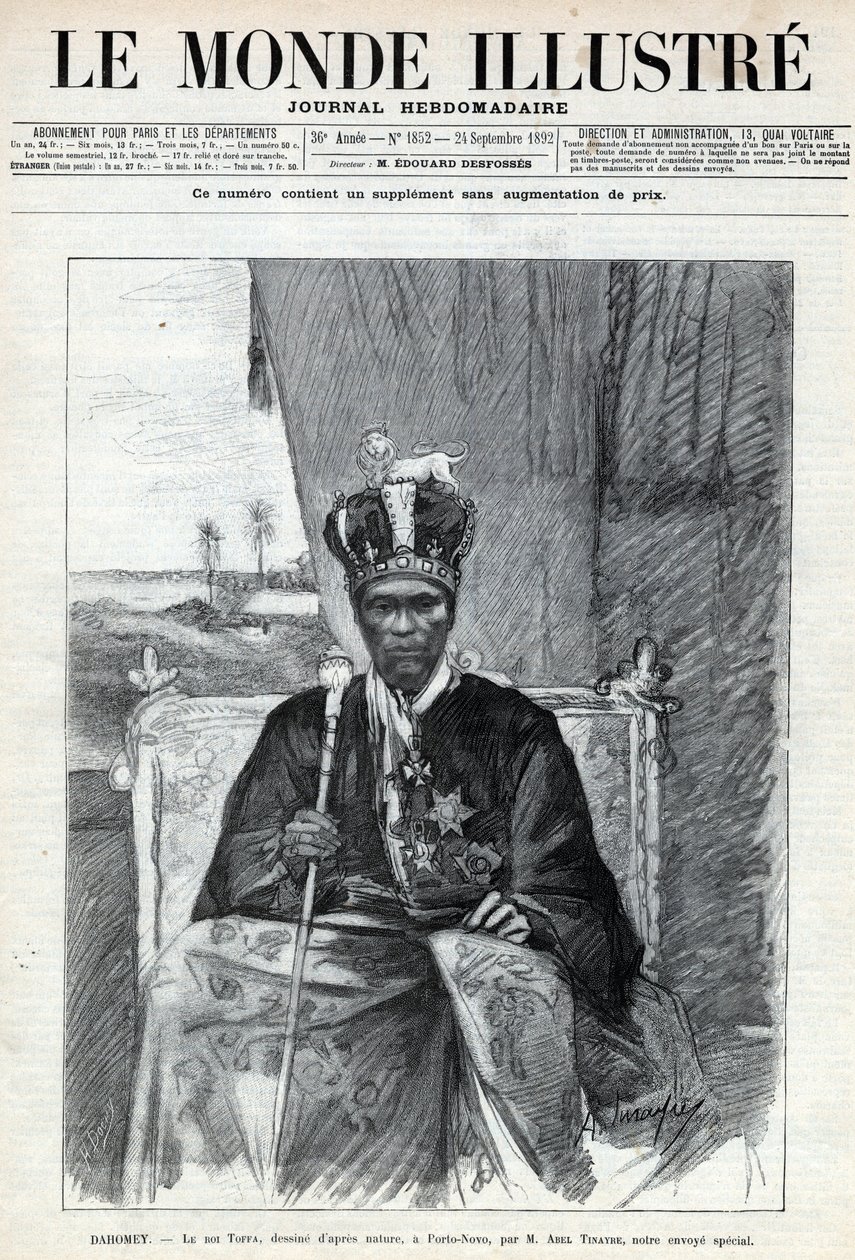 Portrait of Tofa I, King of Dahomey to Porto Novo. Engraving in 