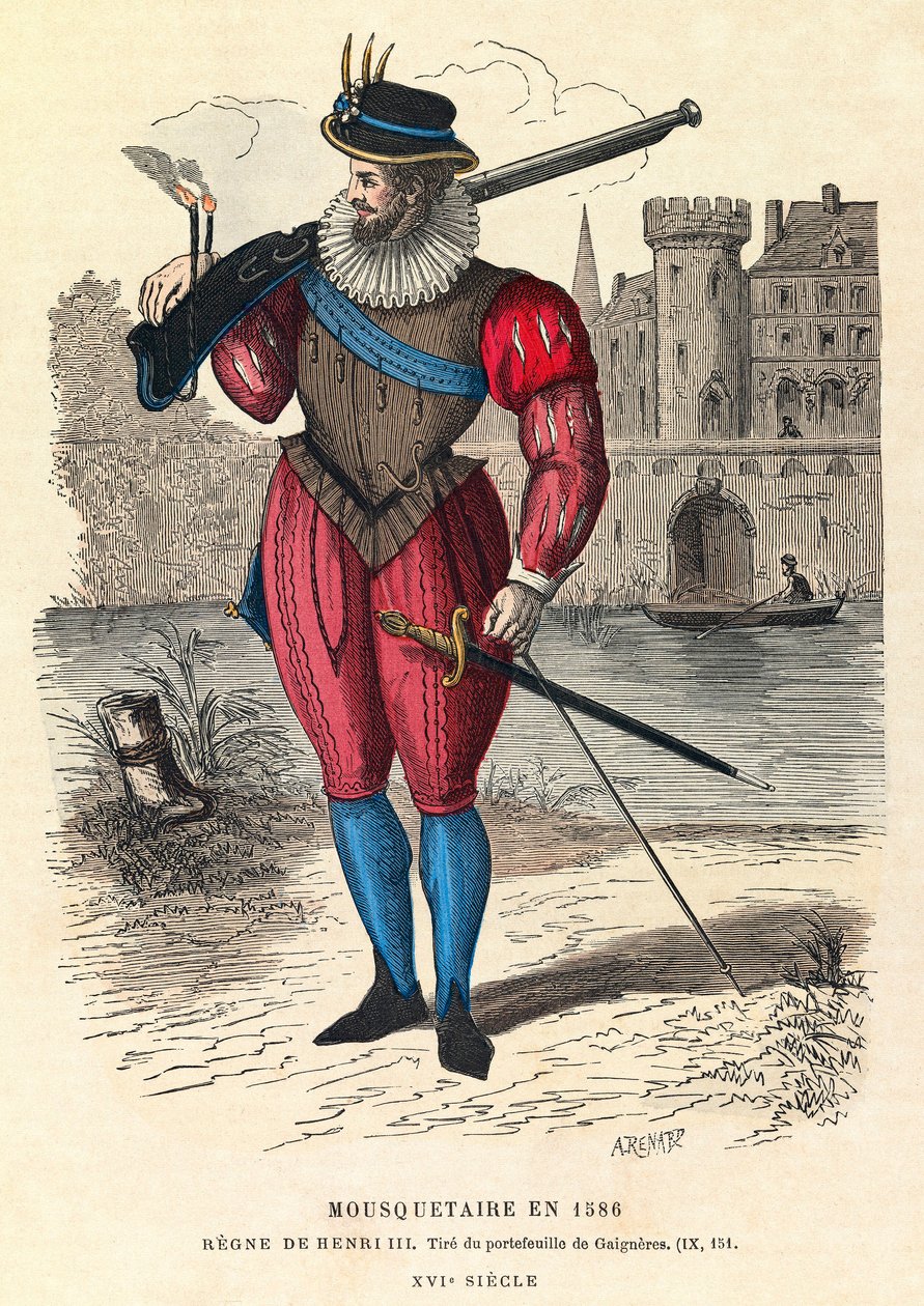 Portrait of a Musketeer in 1586 in Paris (under the Reign of King Henry III), Engraving, Private Collection by Anonymous Anonymous