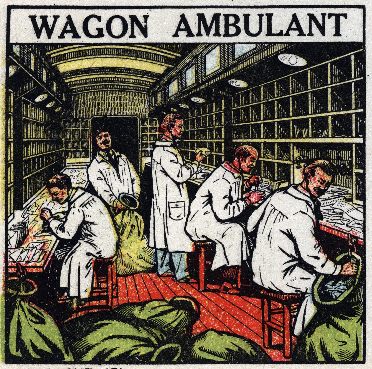 Post office: walking post office in a railway wagon. Anonymous illustration from 1925. Private collection. by Anonymous Anonymous