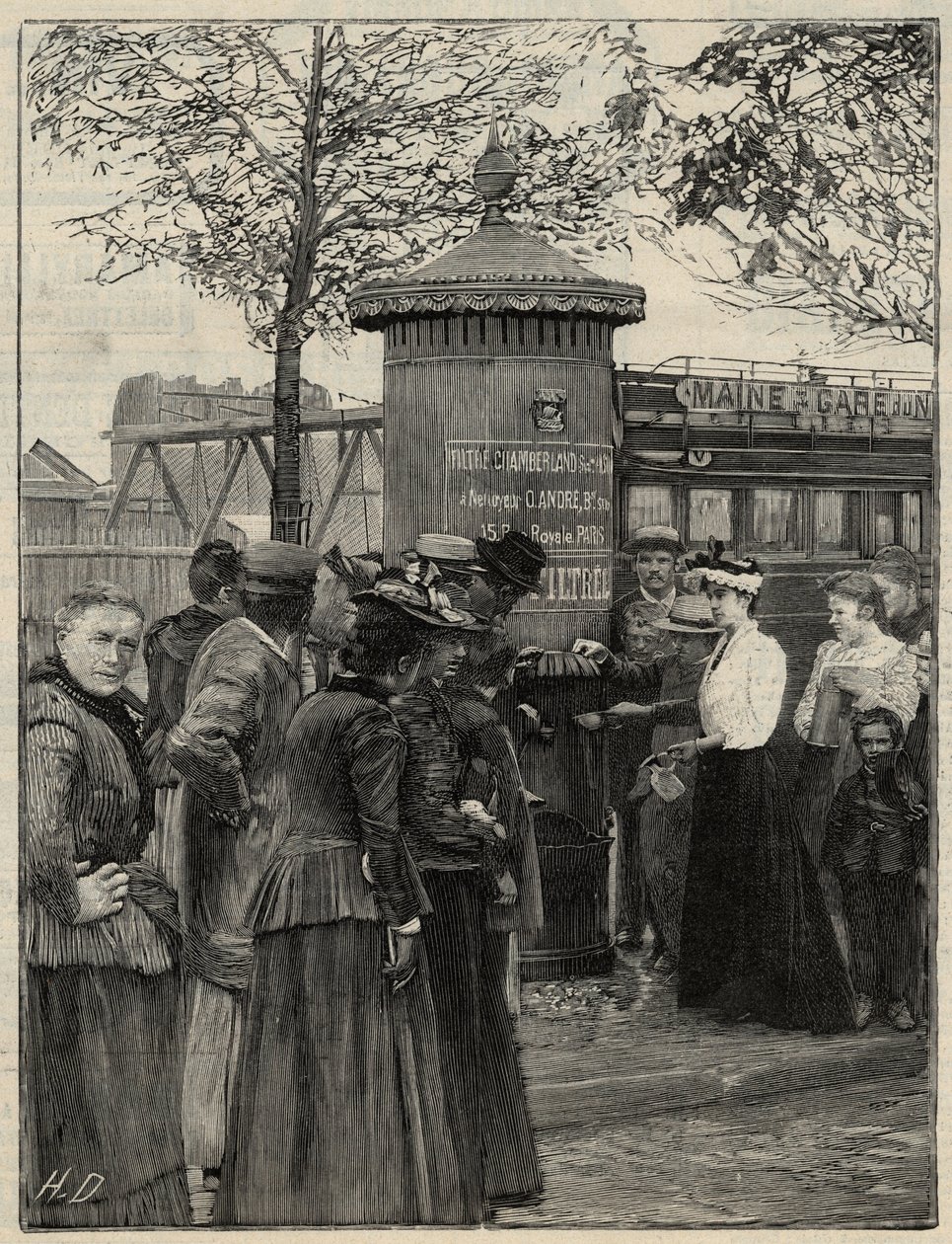 Public hygiene: inhabitants of Paris using one of the filtered water fountains installed in the 15th arrondissement. These fountains have a Chamberland Pasteur system filter. Engraving in Le monde illustree of 1892. Private collection by Anonymous Anonymous