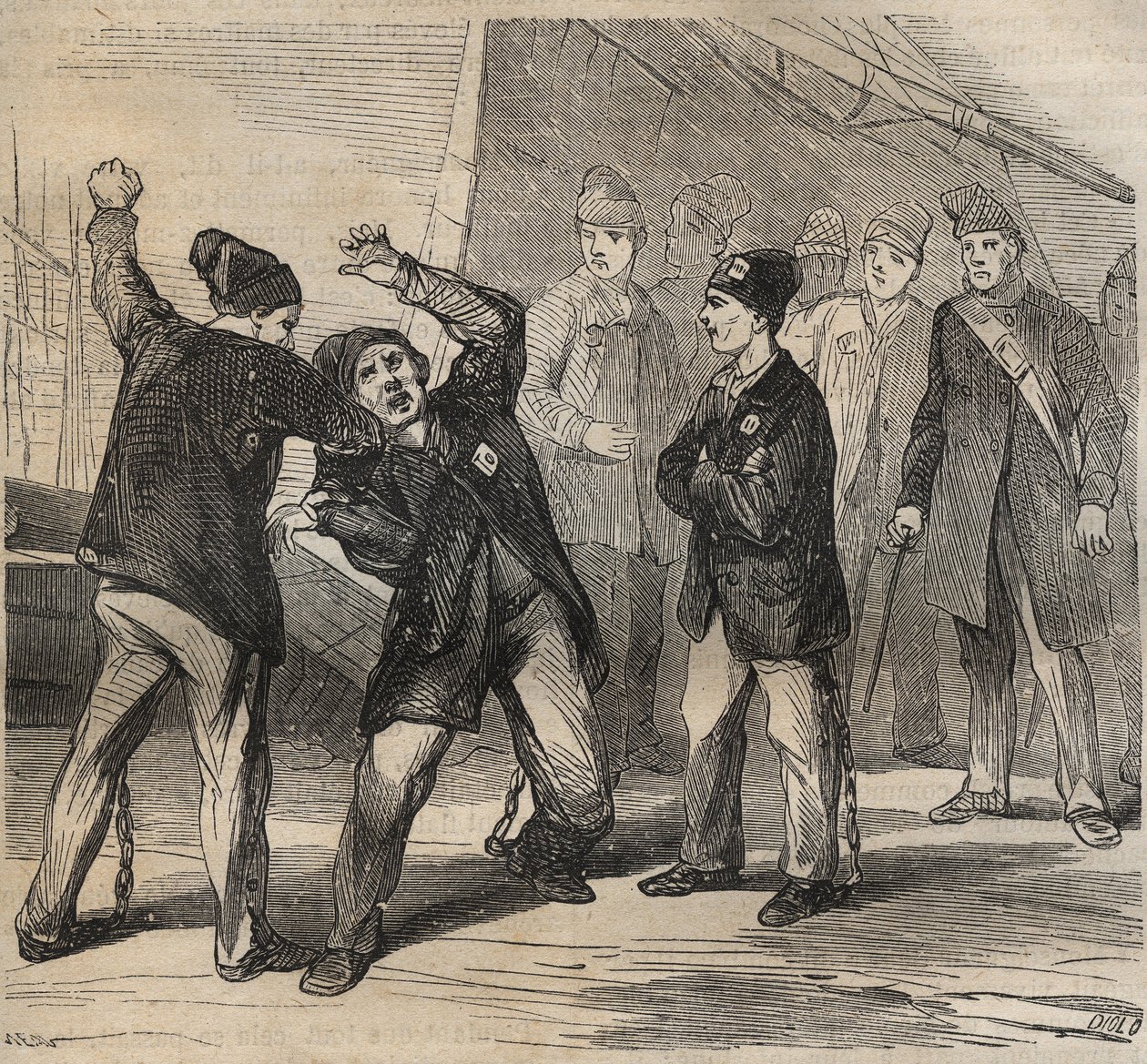 Pugilat scene at the Toulon Bagne in the 19th century. Engraving in 