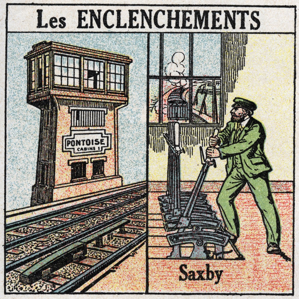 Railways: interlocking. A railroad using a Saxby individual levers station. Anonymous illustration from 1925. Private collection. by Anonymous Anonymous