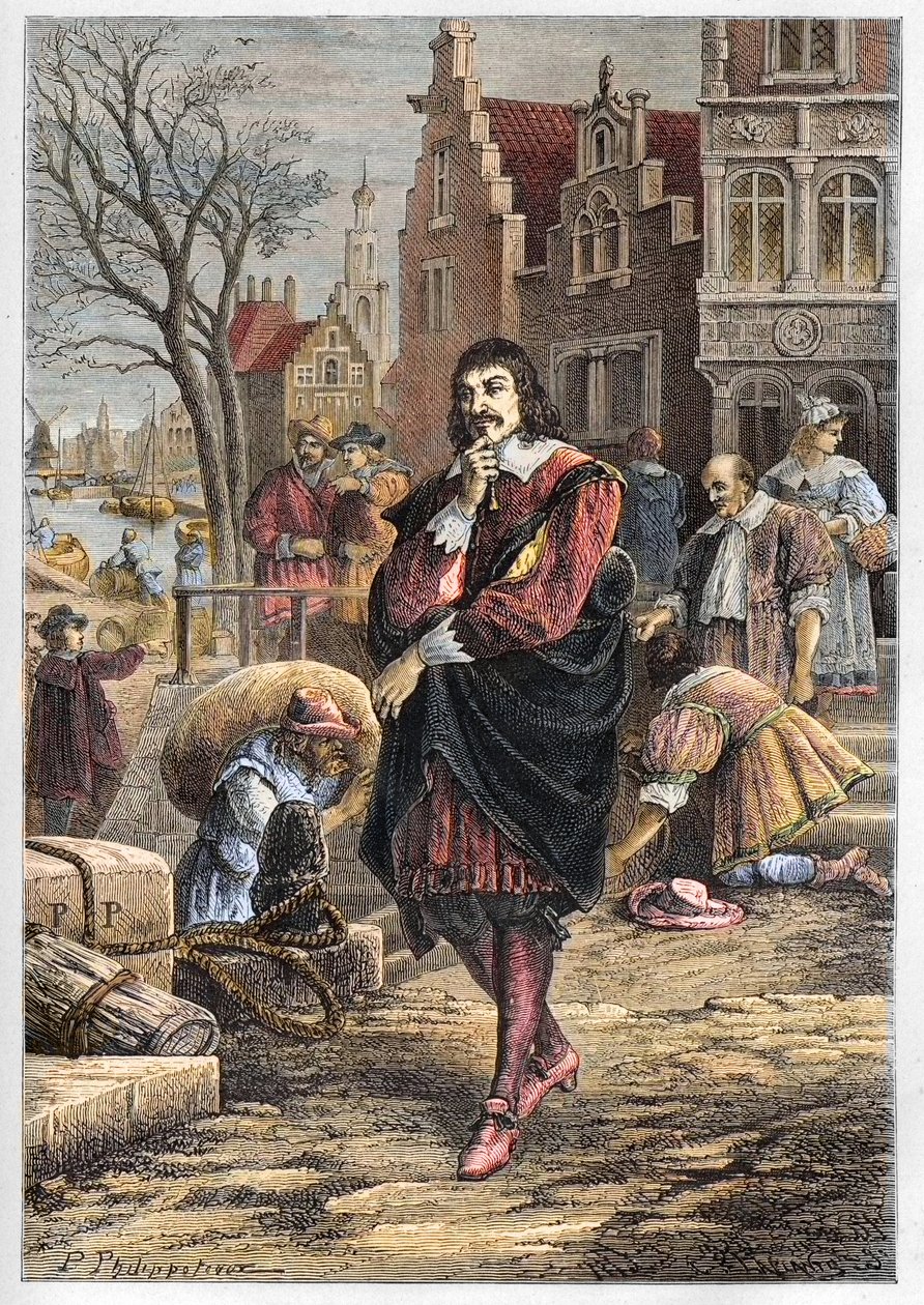 Rene Descartes (1596-1650), French philosopher and mathematician walking through the streets of Amsterdam - Descartes in Amsterdam - engraving from L