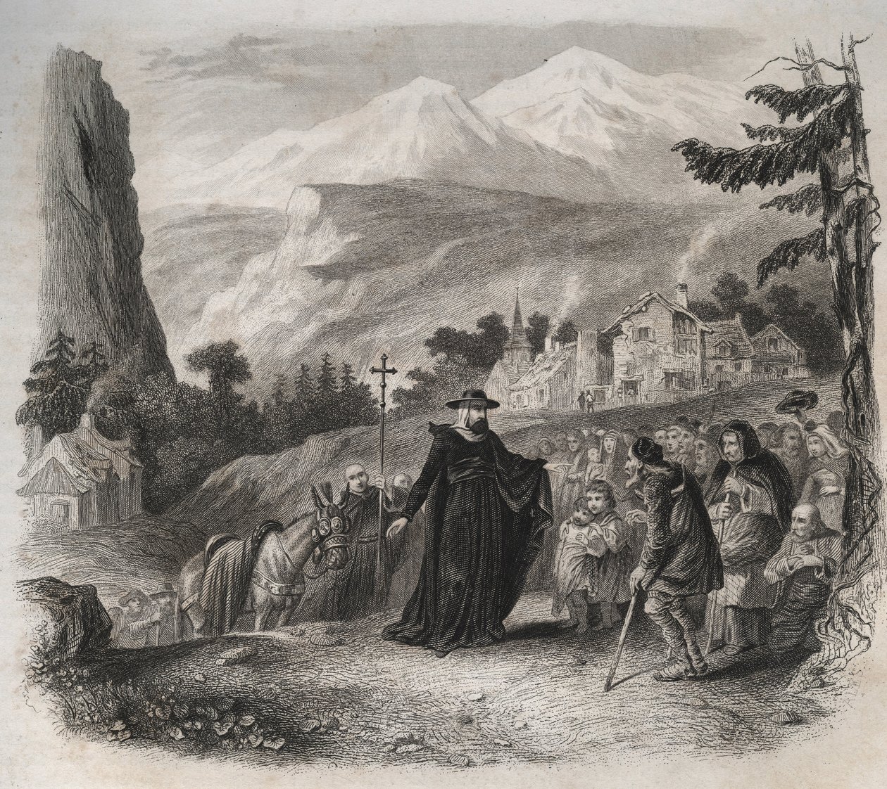Saint Francis de Sales, Bishop of Geneva on a Pastoral Visit. Engraving from 1846 in 