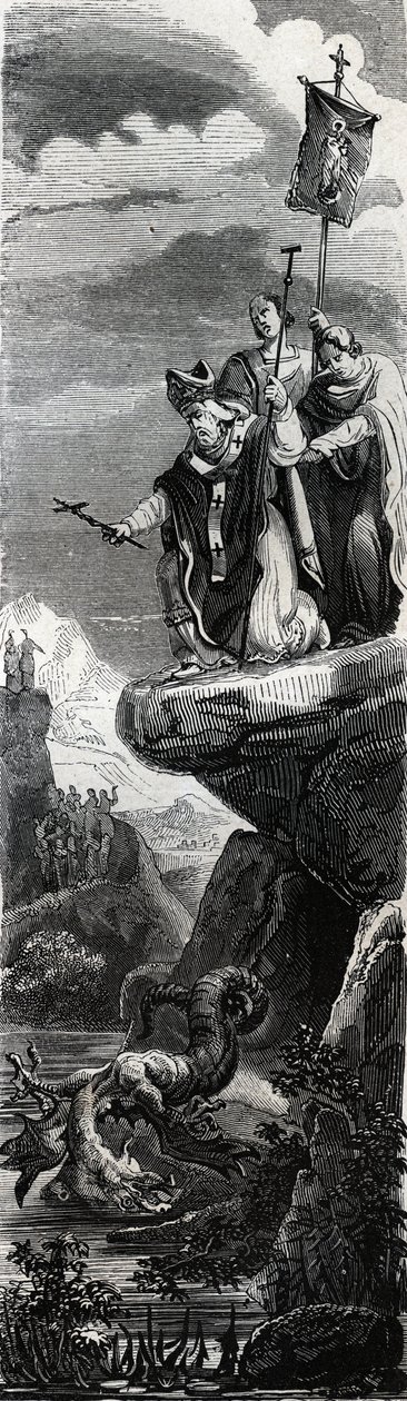 Saint Front (first evangelizer of the Perigord) precipitating the dragon in the Dordogne - Engraving of 1846 in 