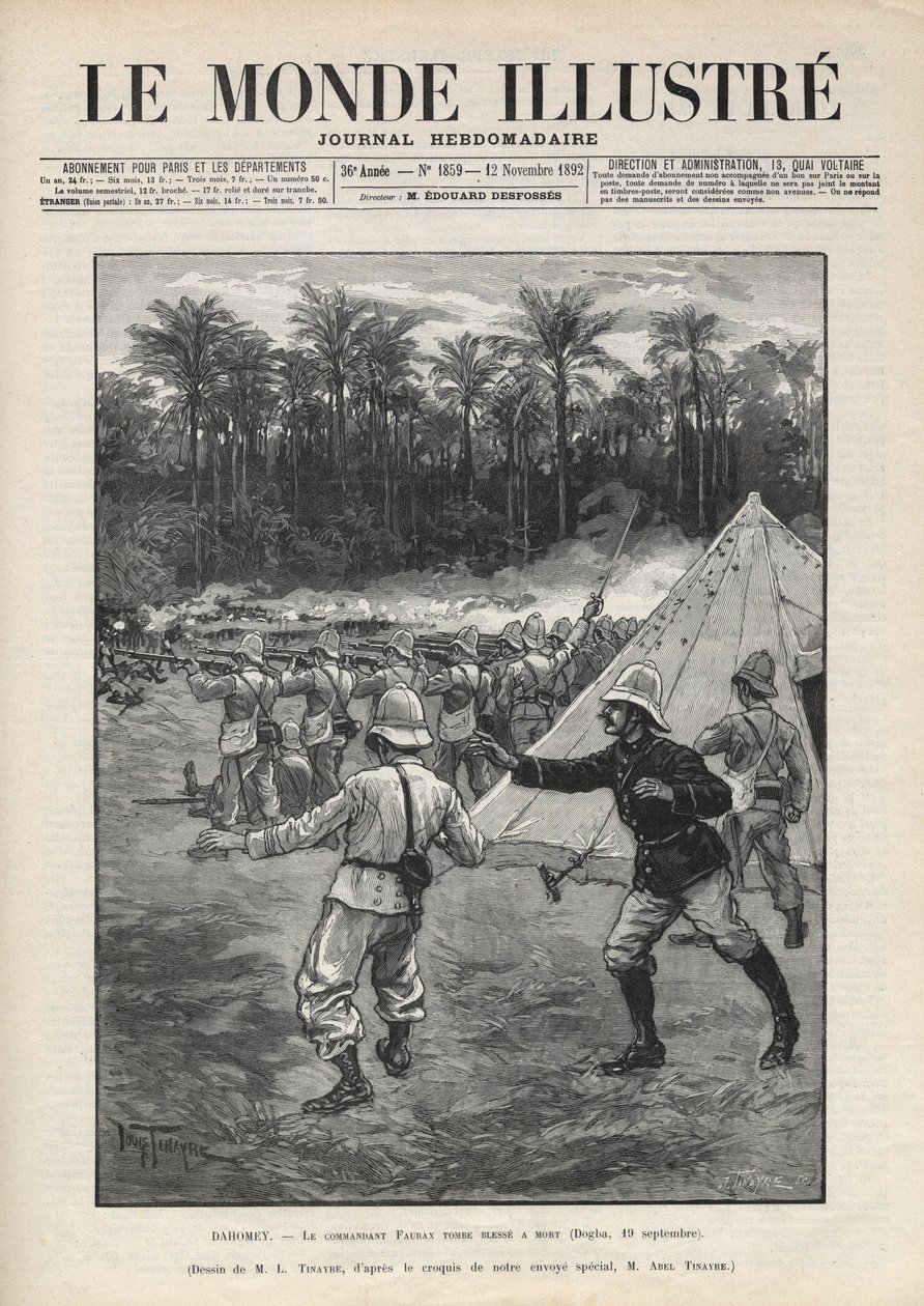 Second Dahomey War (1892-1894): death of the French commander Faurax during the Battle of Dogba on 19 September 1892 in Dahomey (now Benin). A newspaper. Engraving in 