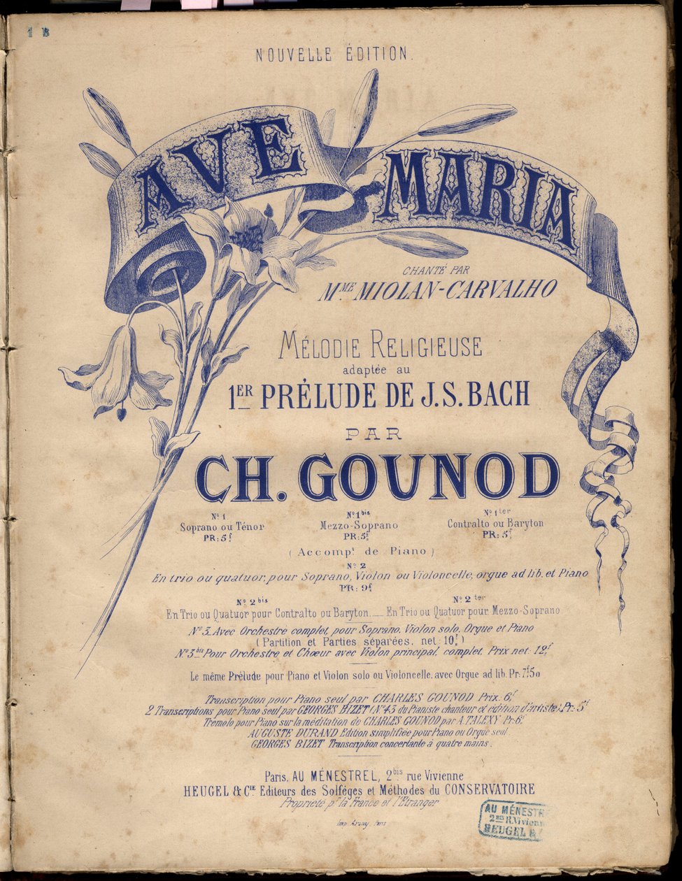 Sheet music for Ave Maria. Religious Melodie Adapted Au 1er Prelude By J.S. Bach. by Charles Gounod. Private collection by Anonymous Anonymous