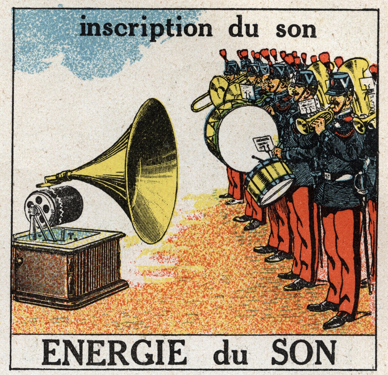 Sound energy: recording the music of a military band with a gramophone. Anonymous illustration from 1925. Private collection. by Anonymous Anonymous