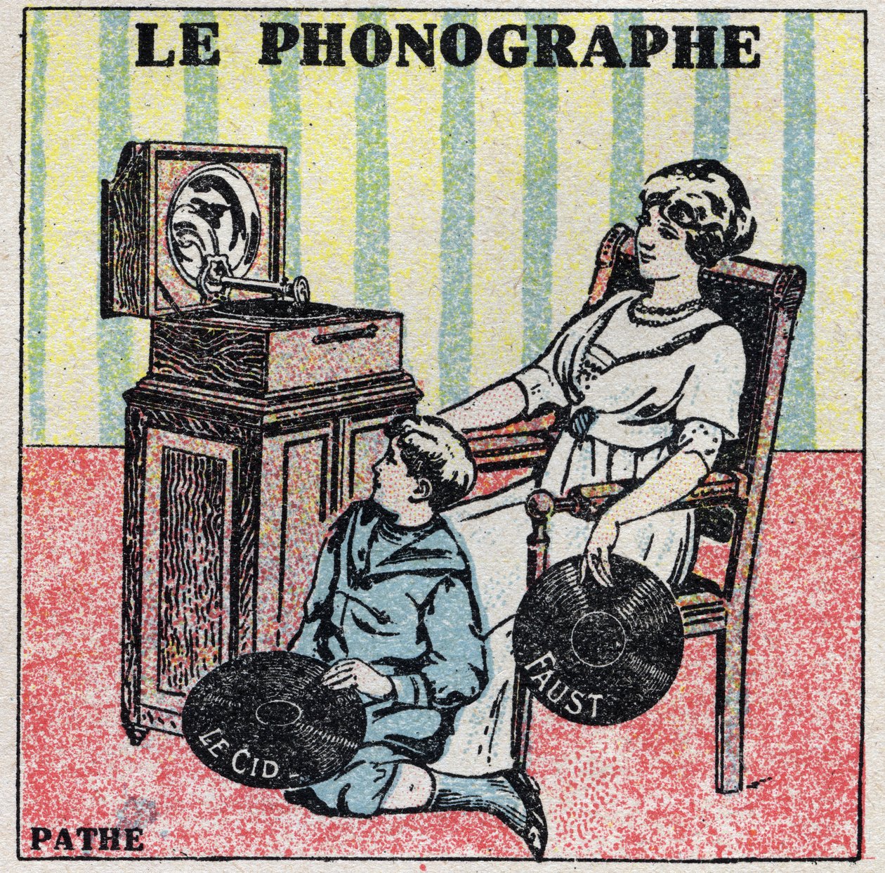 Sound energy: the phonograph. A mother and her son listen to a record ...