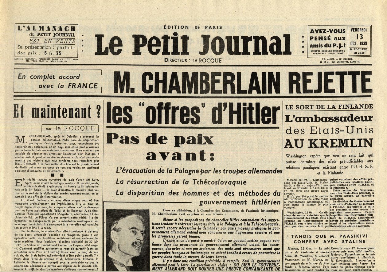 The Smittle Journal Friday 13 October 1939 Neville Chamberlain (1869-1940) rejects the offers of Adolf Hitler by Anonymous Anonymous