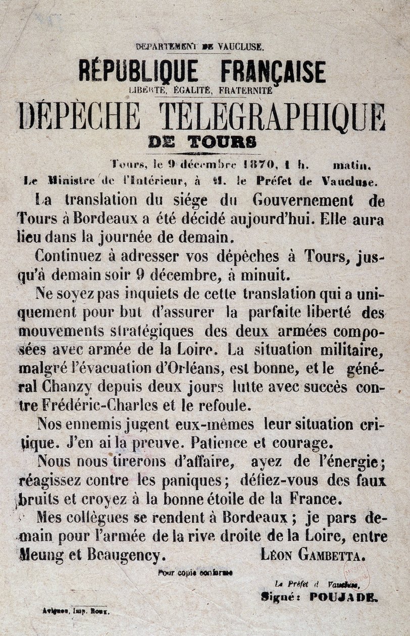 Telegraphic News of Tours of 9/12/1870 by Léon Gambetta by Anonymous Anonymous