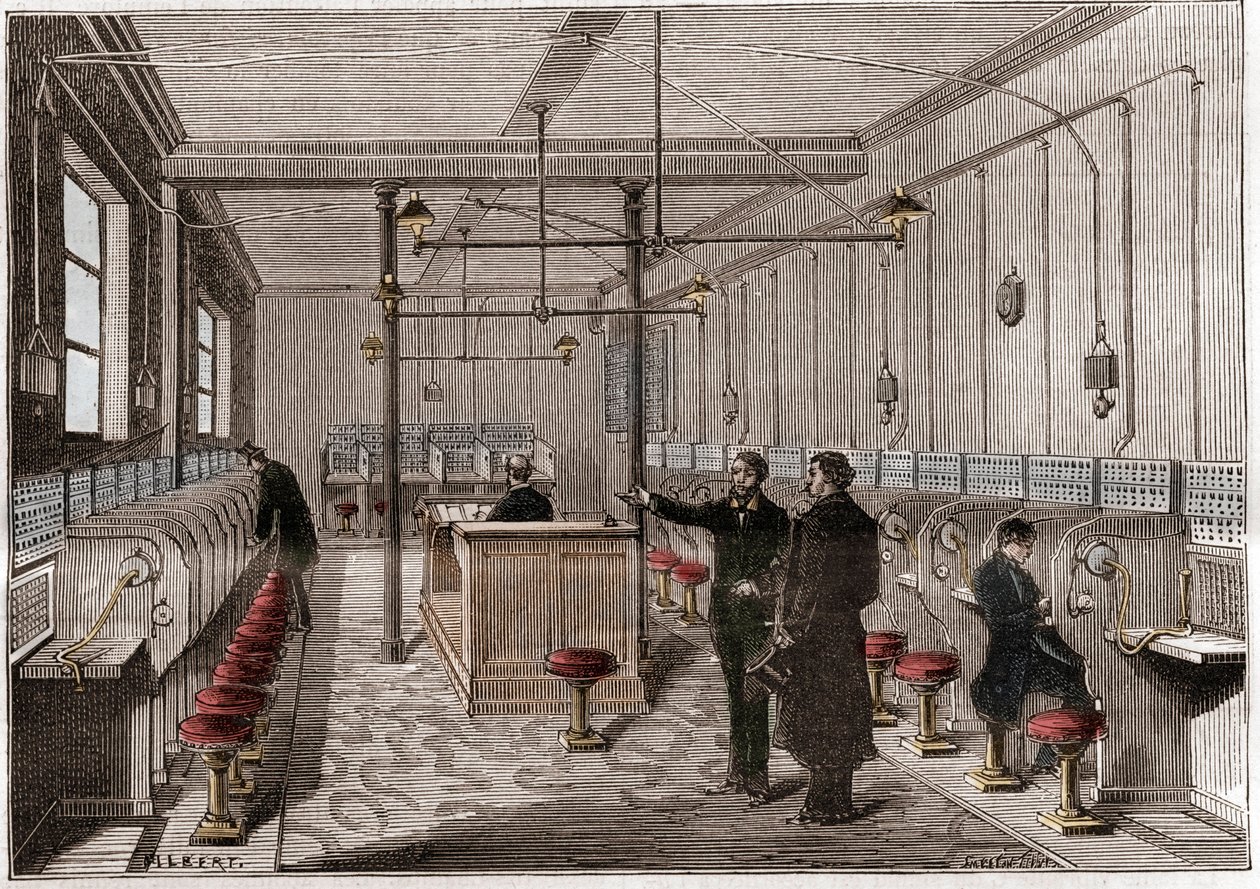 Telephone exchange built according to the Edison Gower-Bell system of telecommunication - first central telephone in Paris in 1879 - system by the American Frederick Gower - engraving in 