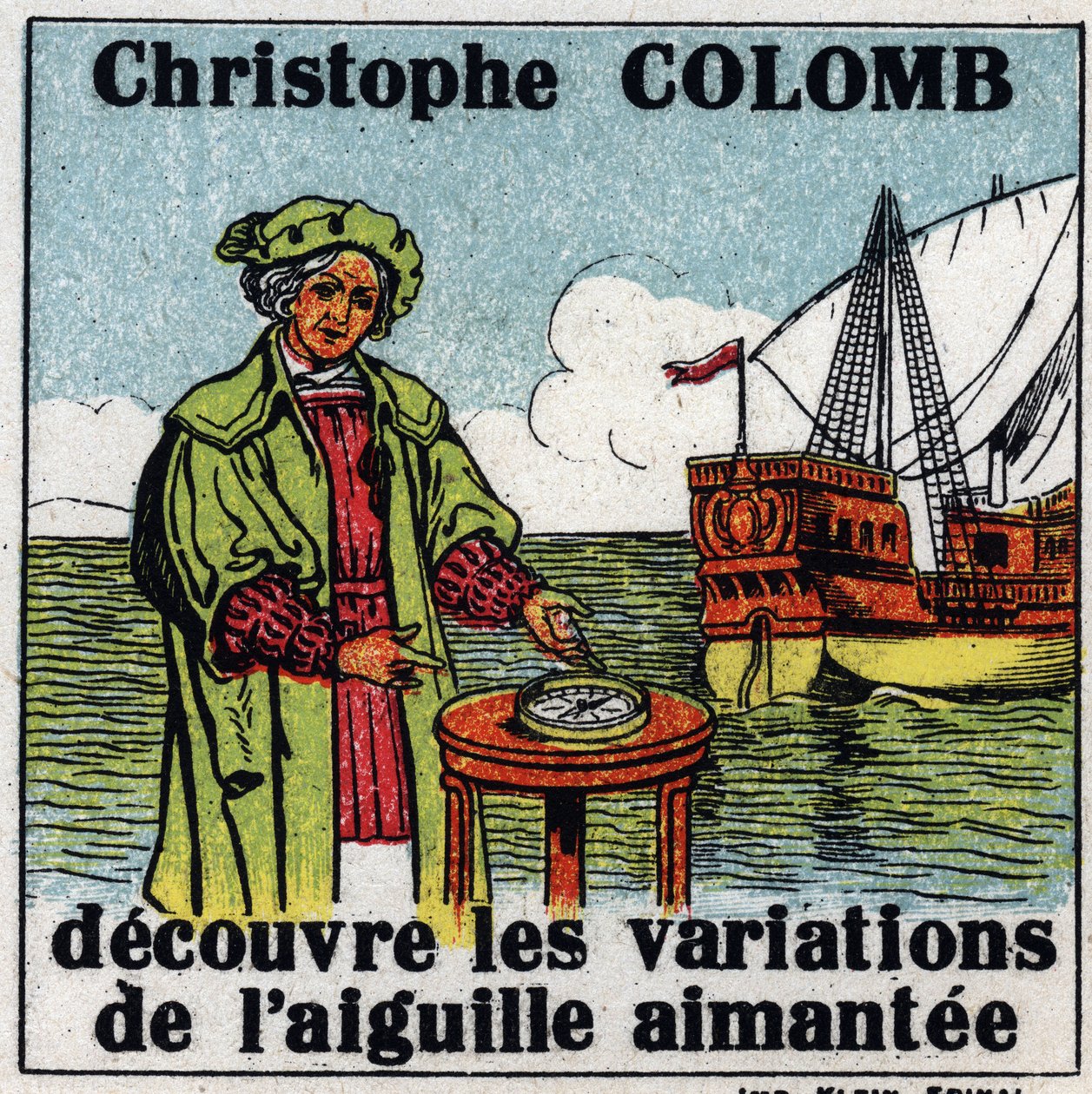 Terrestrial magnetism: Christopher Columbus discovers the variations of the magnetic needle of a compass during his journey to America in 1492. Anonymous illustration from 1925. Private collection. by Anonymous Anonymous