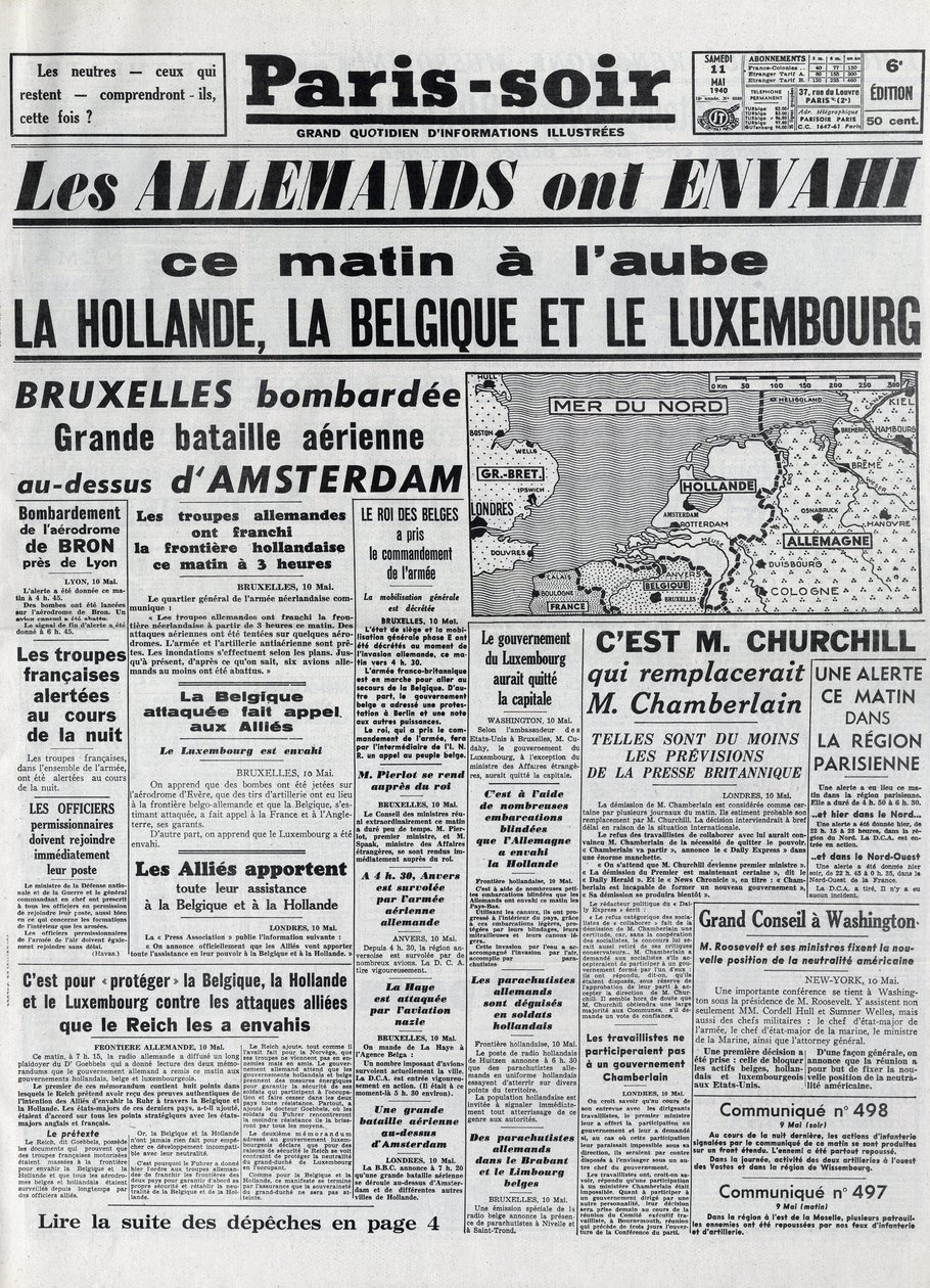The Battle of Belgium or Belgian Campaign - 18-day campaign - German invasion of Belgium during World War II - PARIS EVIOR of 11/05/1940 - GERMANS INVADED HOLLAND - BELGIUM AND LUXEMBOURG by Anonymous Anonymous