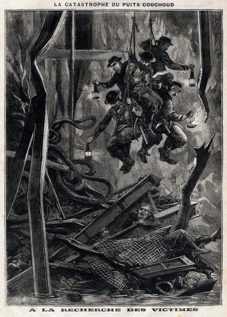 The Couchoud well disaster: rescuers go to search for victims in one of the mines of the Peronniere at Grand Croix near Saint Etienne. Engraving from 