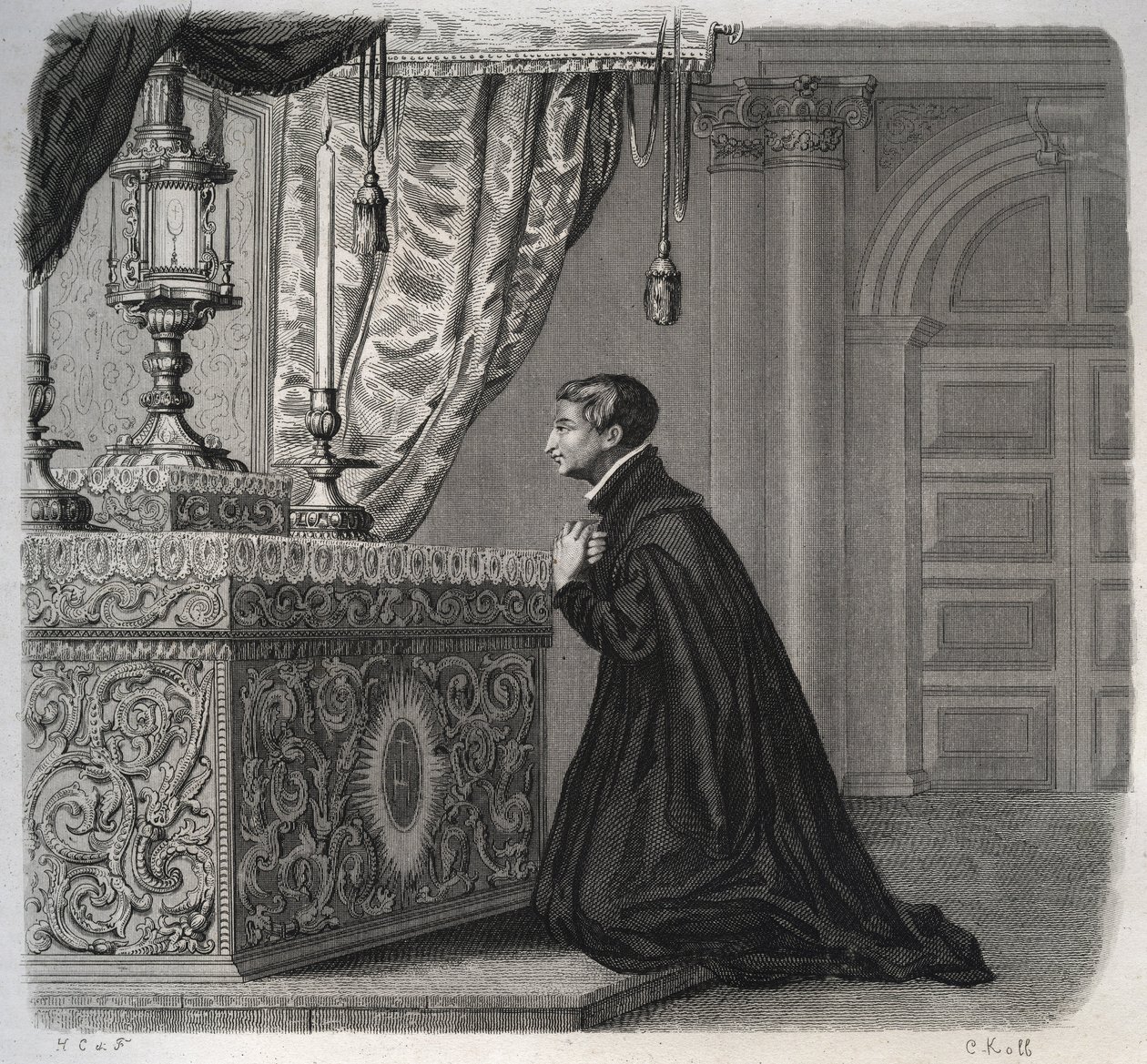 The Italian Jesuit Louis de Gonzague in Prayer. Engraving from 1846 in 