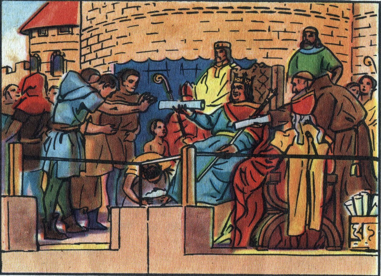 The King of France Louis VI the Fat (1081-1137) granting the Charter to the city of Paris. Anonymous illustration in 