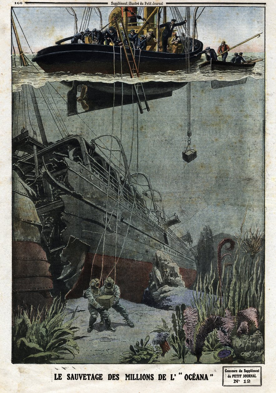 The Rescue of the Millions of the Oceana: Scaphandlers dive off Eastbourne to pick up the 18 million metal that the British liner was supposed to transport to India. Engraving in 