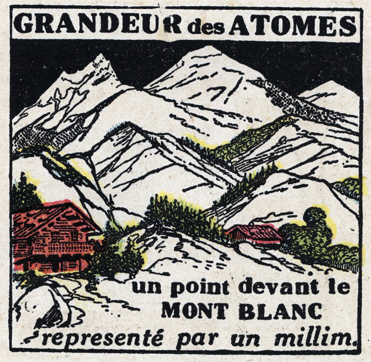 The atom and science: the size of atoms. A point in front of Mont Blanc represented by a millimetre. Anonymous illustration from 1925. Private collection. by Anonymous Anonymous