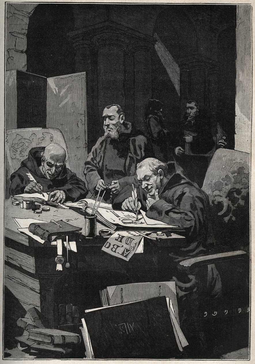 The chrysograph: monks copying and illuminating in gold letters in the middle ages. Engraving from 1885 in Les arts et metiers illustres by Adolphe Bitard. by Anonymous Anonymous
