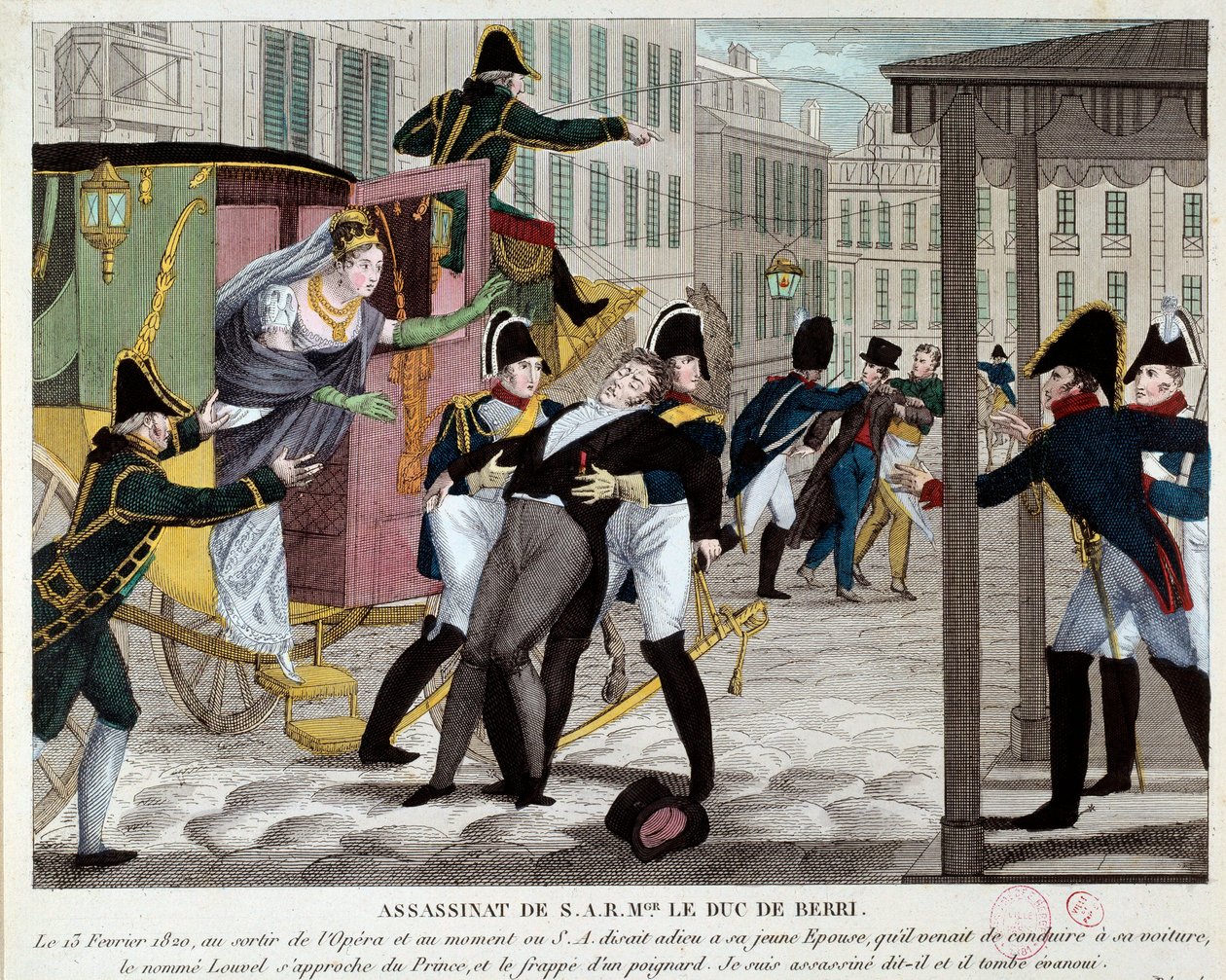 The death of Charles Ferdinand de Bourbon, Duke of Berry (1778-1820) 13/02/1820 at the exit of the Royal Academy of Music. The nephew of King Louis XVIII was assassinated at the Opera by Louvel, a republican who wanted to shut down the royal dynasty. (engr by Anonymous Anonymous