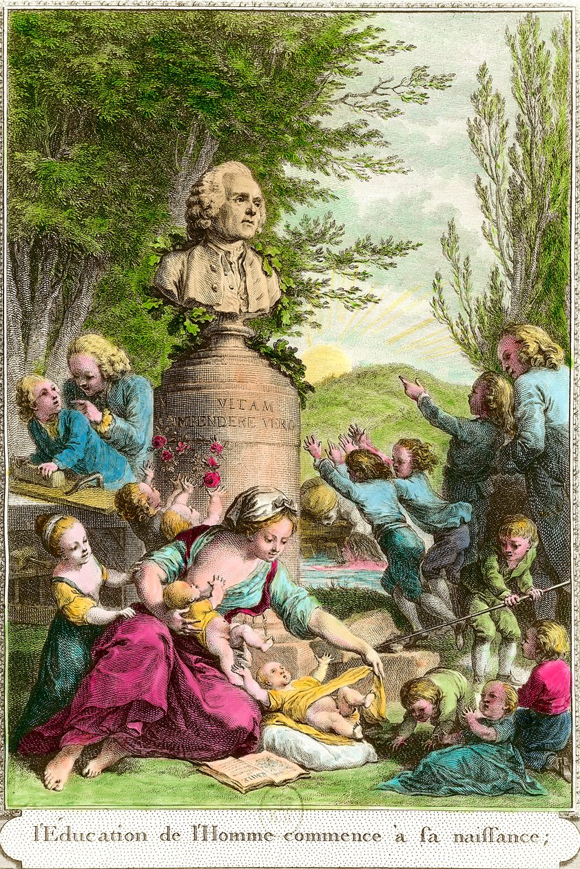 The education of man begins at his birth: mothers with their children, alongside a bust in tribute to the Swiss philosopher Jean Jacques Rousseau (1712-1778). Engraving of the 18th century by Anonymous Anonymous