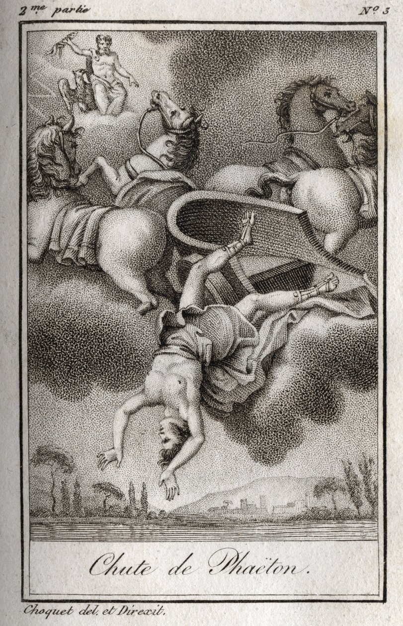 The fall of Phaeton, unable to control the Helios tank, was struck by Zeus, and fell into the Eridan River. Engraving from 1819 in 