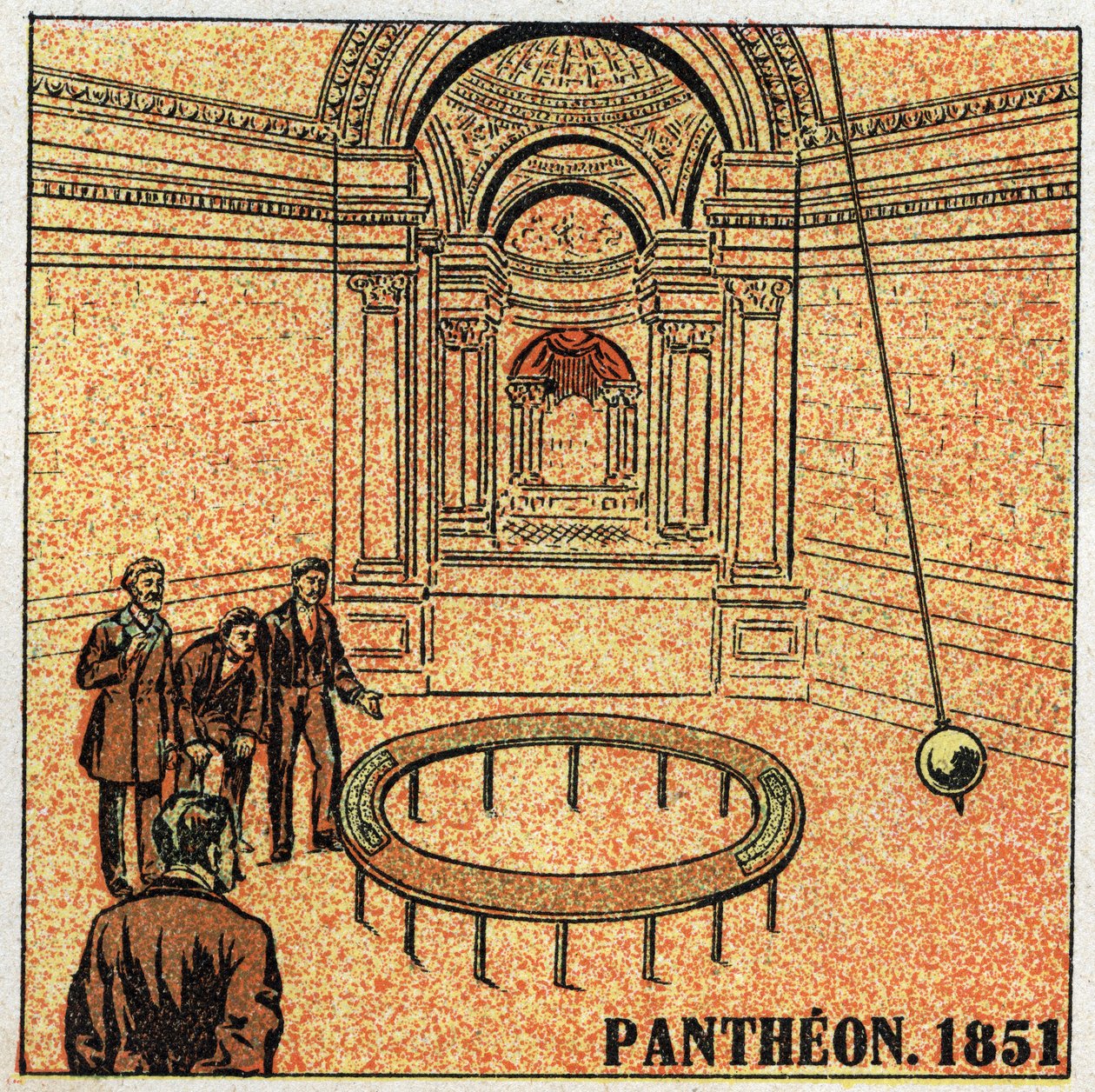 The pendulum: experiment of Leon Foucault (1819-1868) at the Pantheon in 1851 demonstrating the rotation of the Earth. Anonymous illustration from 1925. Private collection. by Anonymous Anonymous