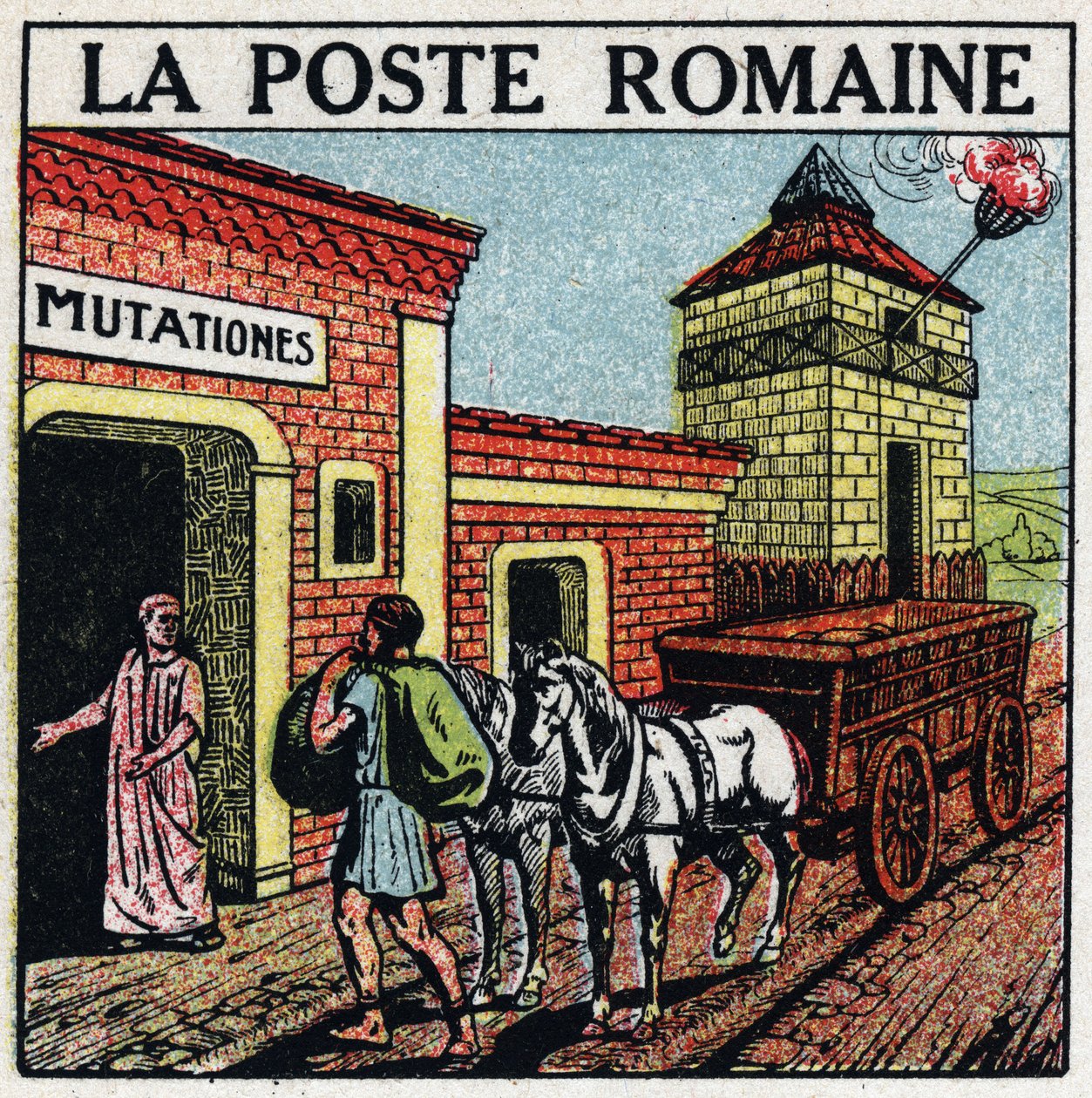 The post: the Roman post. A "mutationes", a place where horses used for the post office could be rented called "curriculum publicus". Anonymous illustration from 1925. Private collection. by Anonymous Anonymous