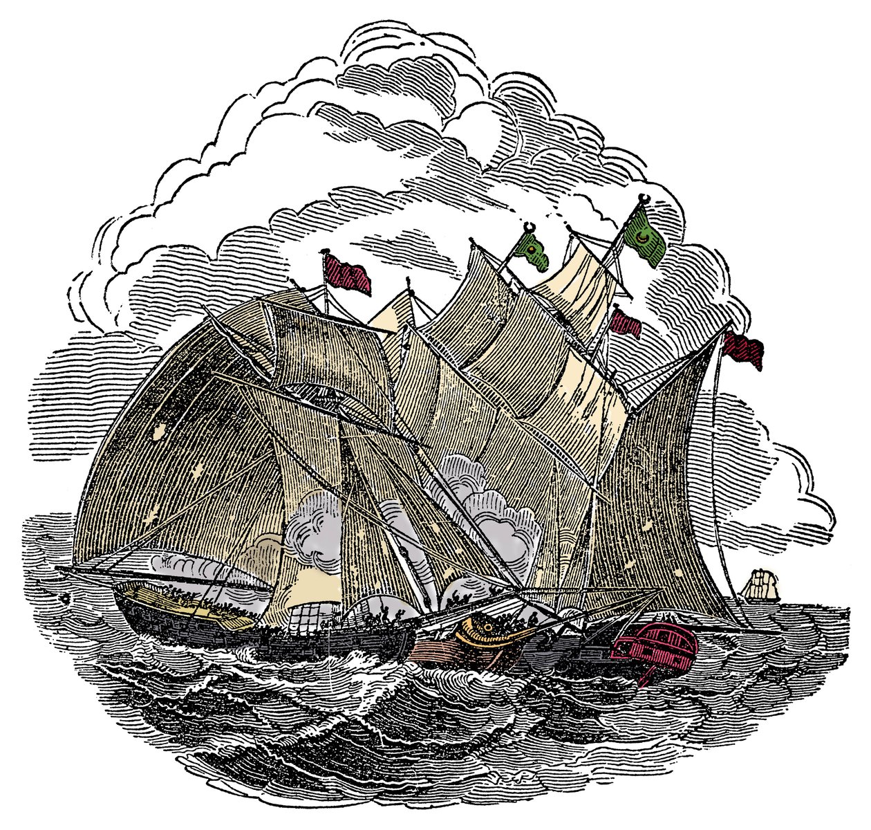 The ship of the pirate Henry Every attacked in September 1695 the fleet of the great Mughal Aurangzeb off Surate, India (engraving from 