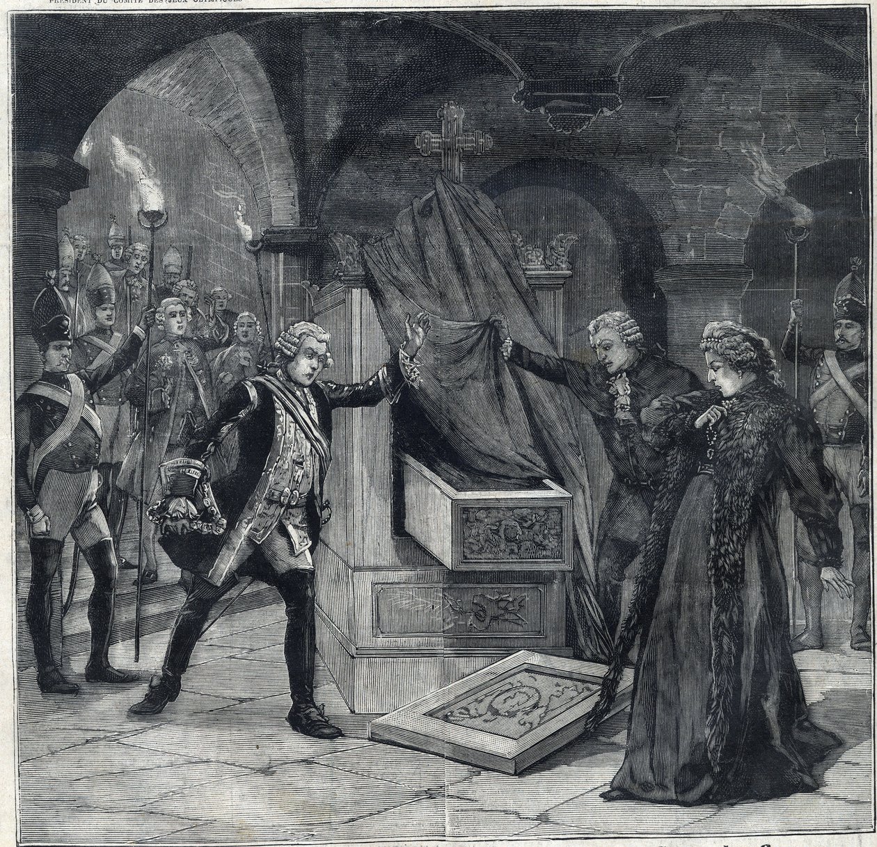 The stage of cellars in the play "Catherine of Russia" at the theatre of Cathelet Paul Ginisty and Charles Samson. Engraving in "Le Petit Parisien" by Anonymous Anonymous