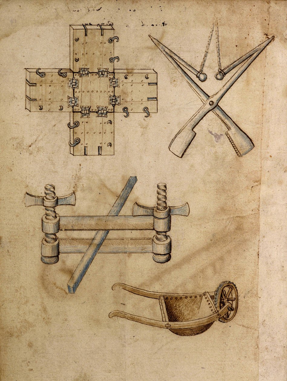 Various Engineering Objects, Including a Wheelbarrow - Manuscript: Parchment Sheet of an Engineer